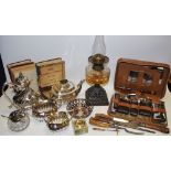 Boxes & Objects - Victorian oil lamp; decorative twisted silver plate coffee pot;