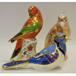 A Royal Crown Derby paperweight, Blue Jay, printed mark, gold stopper, boxed; others, Lorikeet,