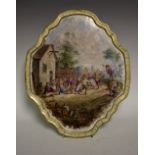 A 19th century French shaped oval ceramic painted plaque, Villagers Revelling,