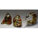 Ceramics - a Royal Crown Derby paperweight as a standing elephant; others, a seated bear,