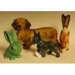 Ceramics - a Sylvac rabbit; a large model of a dog; a similar donkey;