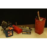 Tools - vintage hand tools, planes, axes, pulley, 2 ton block and tackle, oil bottles,