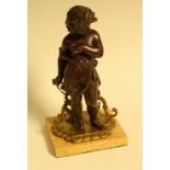 French School, a parcel-gilt and dark patinated bronze, of a young girl, rectangular marble base,