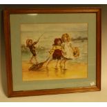 20th century English School Driftwood, children paying on the beach watercolour 29.