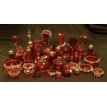 Victorian Cranberry Glass - a pair of tapering bud vases, others jars and covers, bowl, jugs,