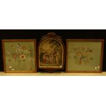 Textiles - a 19th century arched embroidered panel, The Blessing, carved frame,