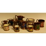 Ceramics - 19th century copper lustre, including porter mugs, jugs, goblet,