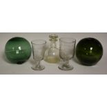 Glassware - a pair of Victorian green fisherman's floats; a commemorative ale glass,