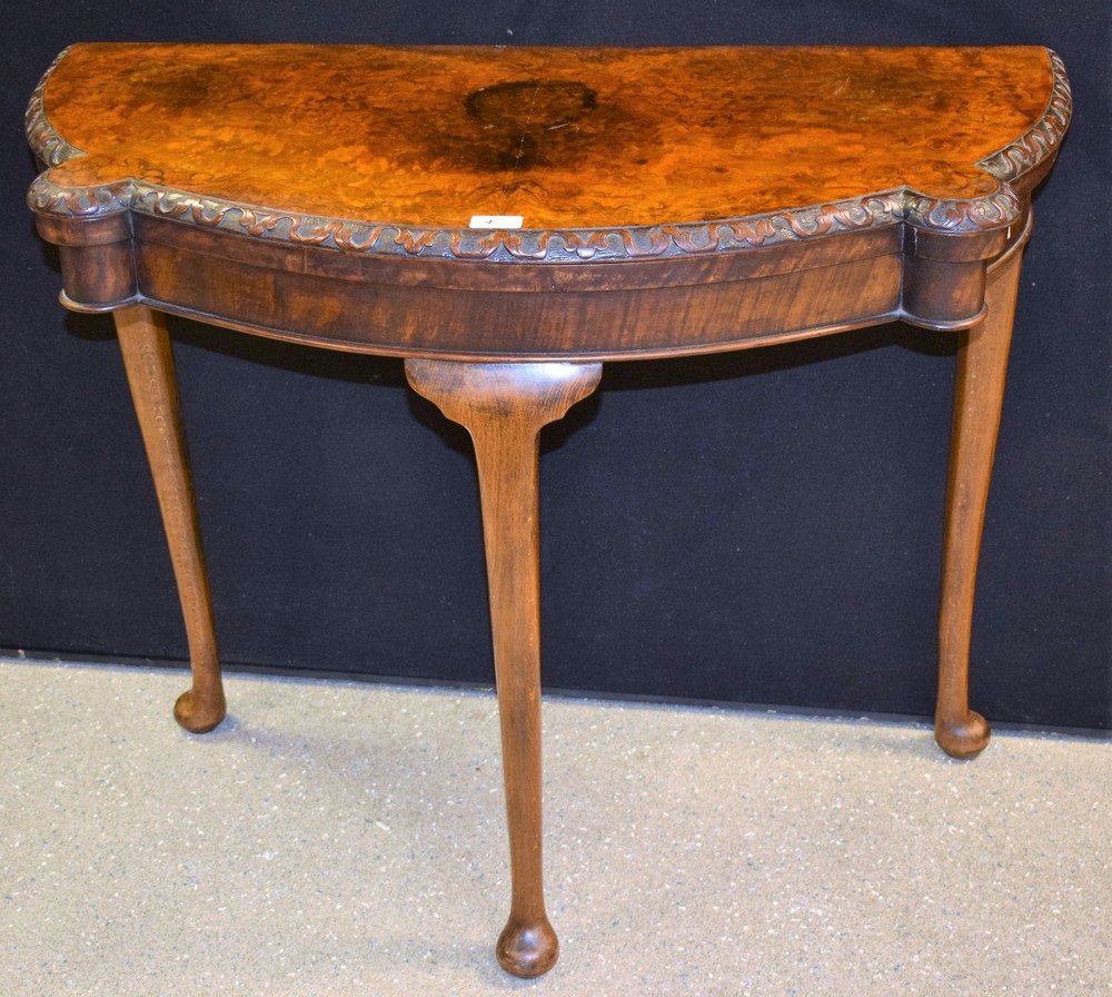 A Queen Anne Revival walnut card table,