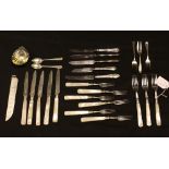 Silver bladed fruit knives and forks, mother of pearl handles; three silver forks,