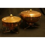 A large copper and brass campagne cooking pan with spirit flame burner, 47cm diameter; another,