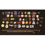 A collection of motorcycling, advertising and other pin badges, some enamel,