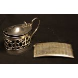 A George V silver curved rounded rectangular visiting card case, Birmingham 1914; a silver mustard,