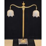 A Secessionist style lacquered brass table lamp, urnular finial, frosted glass shades,