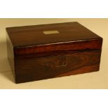A Victorian rosewood sewing box, mother of pearl cartouche,