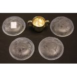 A set of four pale blue frosted glass dishes, each moulded with a pair of fish, 7.