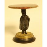 A parcel-gilt and dark patinated bronze and agate figural miniature table, circular top,