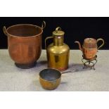Metalware - a copper log/coal bucket; a copper mounted brass vessel; copper pan; a hot water jug,