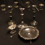 Metalware - a pair of EPNS two branch candelabra; another regency style candelabra; a shallow bowl,