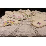 Textiles - hand embroidered linen tablecloths English country garden flowers; another,