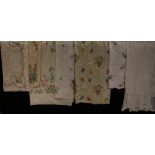 Textiles - hand embroidered linen tablecloths English country garden flowers; lace edged tablecloth,