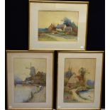 E Pickerell, a trio, Windmill River, Meandering Waters, Thatched Cottages, watercolours,