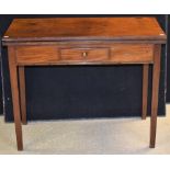 A George III mahogany tea table, hinged rectangular top above a small frieze drawer,