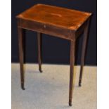 A George III mahogany work table, hinged rectangular top inlaid to angles with batwing paterae,