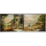 A pair paintings on ceramic, rural and coastal scenes, late 19th century,