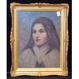 Oil on canvas, portrait of serene young woman, signed M Craig Lang, lower left, swept frame,