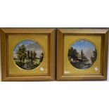 A pair paintings on circular ceramics panels, fishing scene, river view, signed Menard,