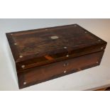 A Victorian rosewood and mother of pearl inlaid writing box, c.