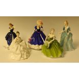 A Royal Doulton ceramic figure, Yvonne, HN3038; others, My Love, Laura, Mary; a Coalport figure,