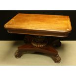 A Victorian mahogany library table, rounded rectangular top, bold acanthus grasped column,
