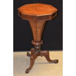 A Victorian mahogany trumpet shaped workbox, hinged top enclosing a fitted interior,