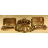 A silver plated rectangular lidded serving dish,