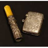 A silver vesta case, chased scrolling decoration, Birmingham hallmarks,