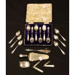 A set of six hallmarked silver teaspoons, Birmingham 1913; another set,