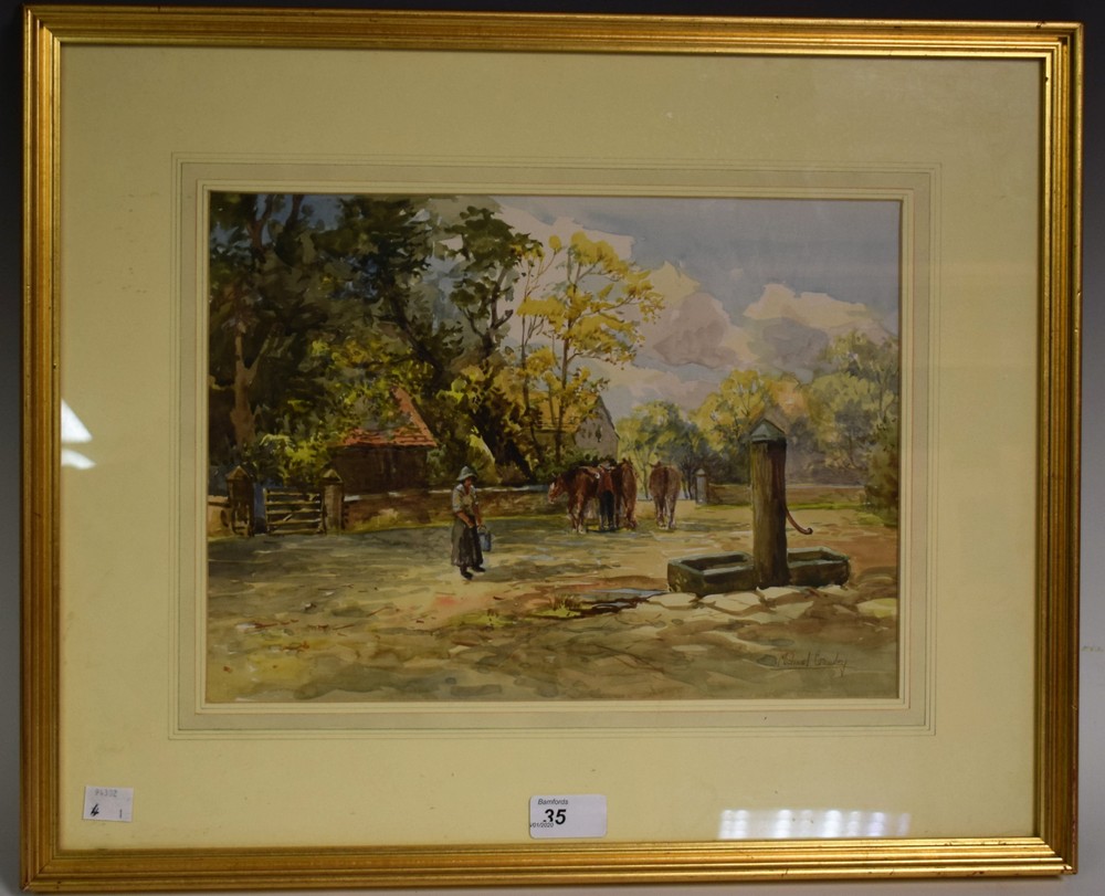 Michael Crawley, Watering the Horses, signed, watercolour, 24.