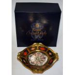 A Royal Crown Derby 1128 pattern pedestal comport, dolphins to angles, solid gold band,