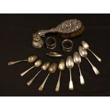 Silver - six Georgian teaspoons; an Irish teaspoon; napkin rings; a hair brush;