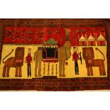 A Middle Eastern carpet, woven throughout with stylised lions, figures and a large central camel,
