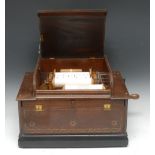 A late 19th century mahogany organette, the paper mechanism with cranking handle to side,