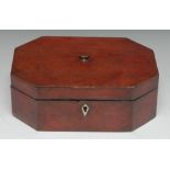 A George III morocco leather canted rectangular work box, hinged cover with brass axehead handle,