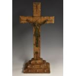 A French dark patinated altar corpus Christi, hardwood cross and stepped base, 38.5cm high, c.