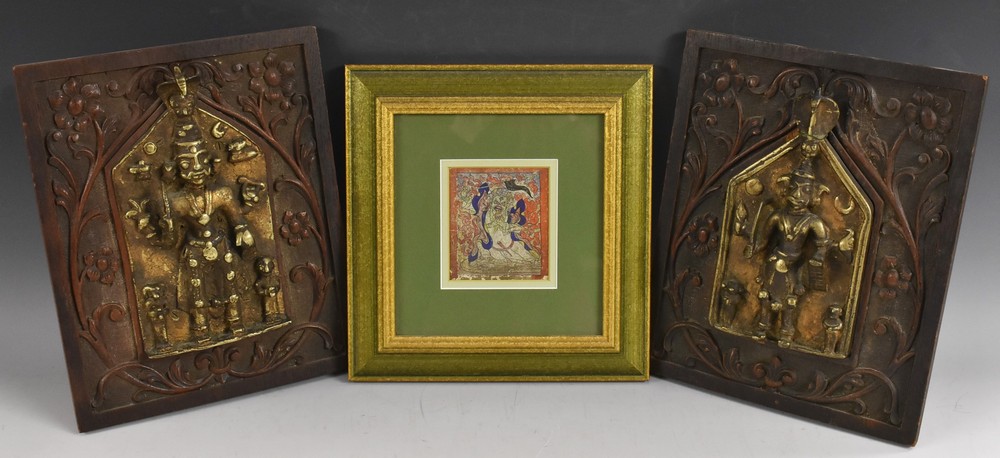 A near pair of Indian gilt-patinated bronze figural panels, - Image 2 of 2