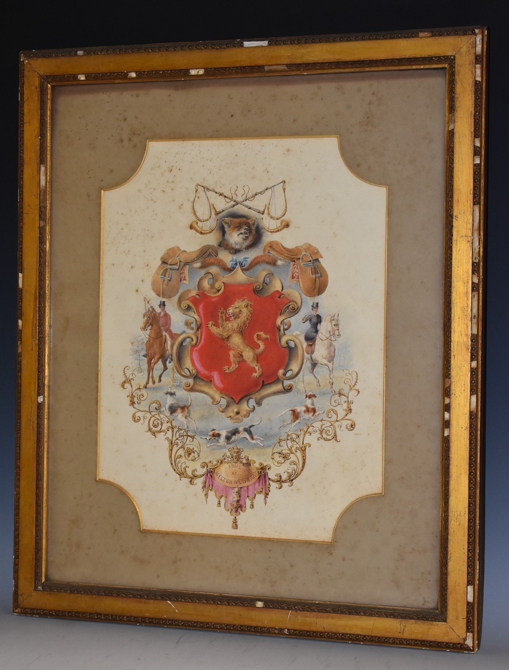 A 19th century hand-scrivened and illuminated armorial hunting banner, the Arms of Melton Mowbray,