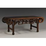 A Chinese hardwood miniature altar table, rectangular panelled top terminating in scrolls,