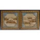 A pair of Chinese cork landscape dioramas, each within blue silk-lined quatrefoil mounts,