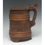 Treen - a 19th century Scandinavian peg tankard, willow-bound and chip-carved with geometric motifs,